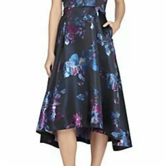Tahari ASL Levine Black Blue Florla Hi Lo Fit and Flare Cocktail Dress Size 8 - Picture 2 of 7